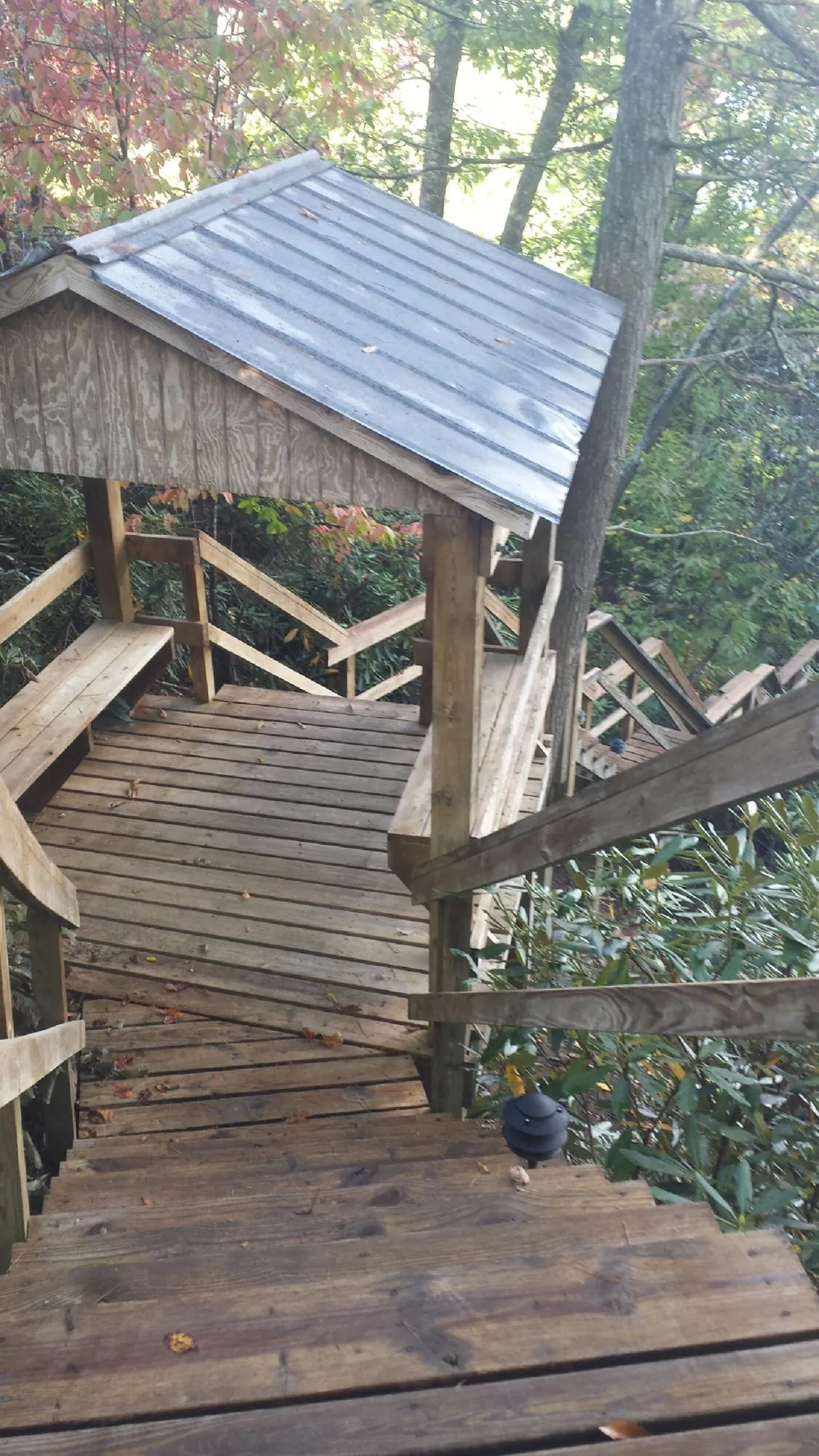 Metal roofed shelter over wooden steps on a wooded walkway — Skylight Repair & Installation work by our crew in Portersville